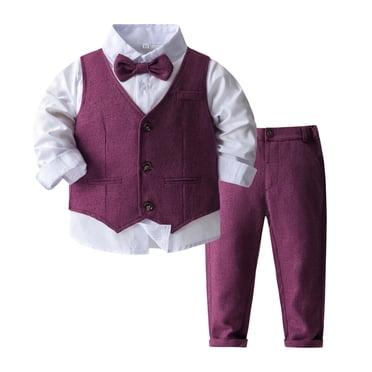 Hjtefg Ensemble de Smoking pour Bébé Garçon Tenue de Cérémonie avec Chemise Gilet Pantalon pour Tout-Petit Gentleman Automne Mariage Anniversaire Fête Baptême Célébration, Couleur : 6-Violet Taille : 5-7 Ans