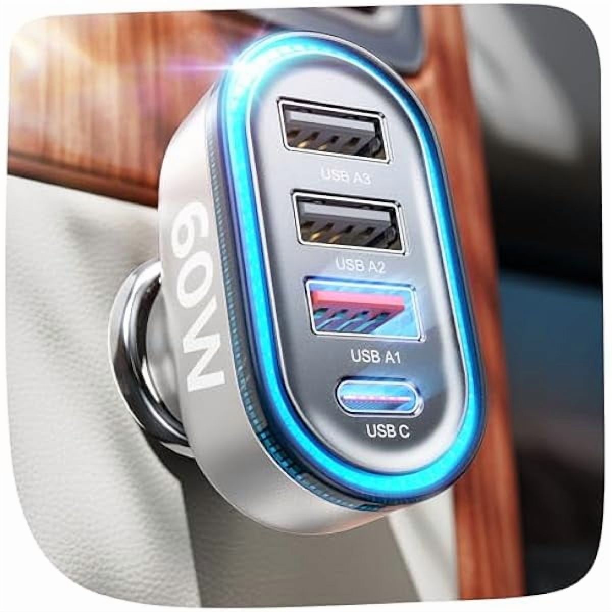 YJJSKEJI USB Car Charger Fast Charging， 60W Car USB Charger Multi Port,USB C Car Charger Adapter Outlet,PD&QC3.0 Cigarette Lighter USB Charger for iPhone 16/15/14/13/12,Samsung S25 Ultra,Pixel，Sliver