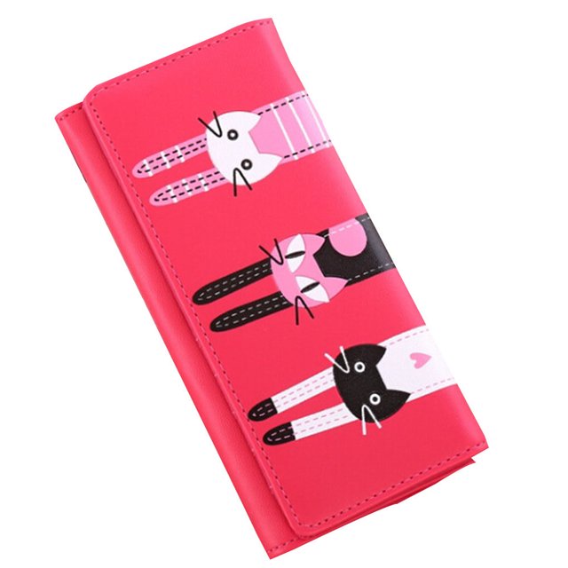 Long Wallet PU Leather Purses Cartoon Pattern Handbag for women, featuring a vibrant pink exterior with a playful cartoon animal design. Made from durable and skin-friendly PU leather, this foldable wallet includes multiple card slots, a photo holder, bill compartments, and a zippered coin section. Measuring 19x9cm, it offers ample storage for credit cards, cash, and small essentials. Ideal as a gift for birthdays or special occasions.