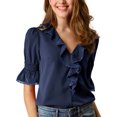 thumbnail image 2 of INSPIRE CHIC Blouse en Mousseline Semi-Transparente pour Femme à Volants, Col en V, Manches Bouffantes au Coude, L Bleu Marine, 2 of 8