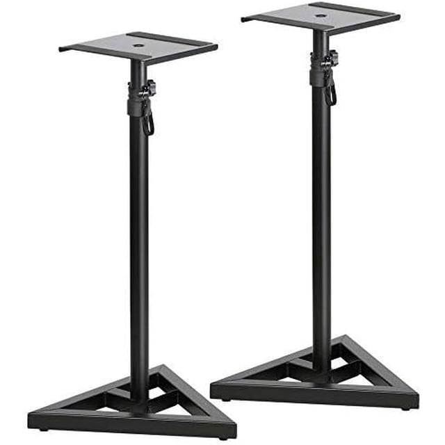Duramex (TM) Supports de Haut-Parleurs Améliorés à Hauteur Ajustable, Deux Supports de Plancher Robustes Conçus pour les Accessoires audio à la Maison. Chaque Support Présente une base Triangulaire en Métal, un Réglage de Hauteur Sans Outils de 27 à 43 Pouces, et une Capacité de Poids de 44 Lb. Comprend un Rembourrage EVA Antidérapant et des Pieds Ajustables pour la Stabilité sur les Planchers en Bois, en Ciment, en Carreaux Ou en Tapis.