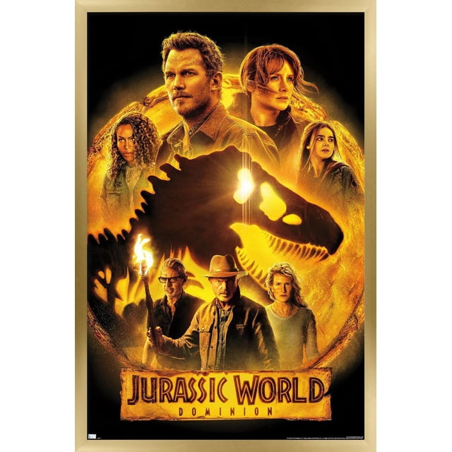 Monde Jurassique : Dominion - Affiche Murale de Groupe un, 14,725 Po x 22,375 Po Encadrée, Représentant un Groupe de Personnages devant une silhouette de Squelette de T. rex Jaune-Orange Lumineuse sur Fond Noir avec le Titre du Film au Bas. Idéale pour la Déco Murale dans les Chambres, les Bureaux Ou les Espaces pour les Fans.