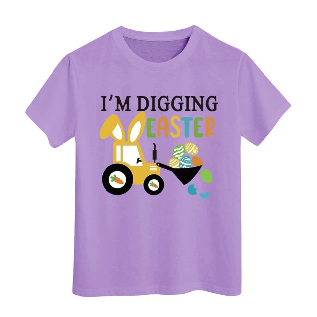 PMVFHDE T-Shirt Graphique à Manches Courtes Imprimé Lapin de Pâques pour Enfants, Col Rond, Décontracté, Printemps Été, Violet Clair, 6-7 Ans