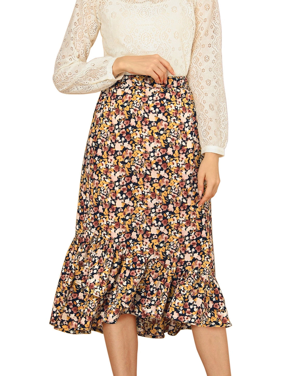Unique Bargains Women's Floral Elastic Waist Ruffle High Low Hem Skirts