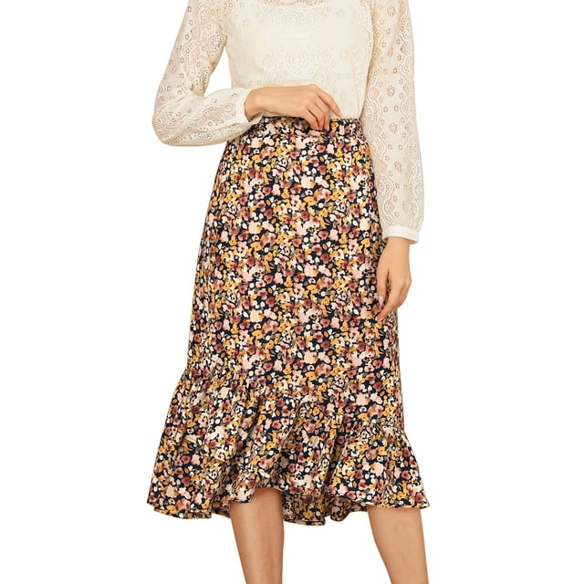 Unique Bargains Women's Floral Elastic Waist Ruffle High Low Hem Skirts
