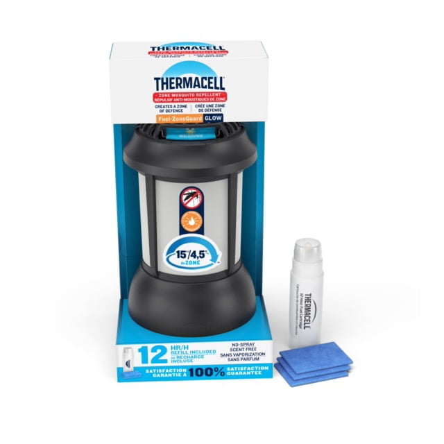 Thermacell Mosquito Repellent Patio Shield Lantern Mini in black and silver with a 15-ft (4.5-m) mosquito protection zone label, including a white 12-hour fuel cartridge and three blue 4-hour repellent mats, providing scent-free, mess-free outdoor mosquito defense ideal for backyard and garden use.