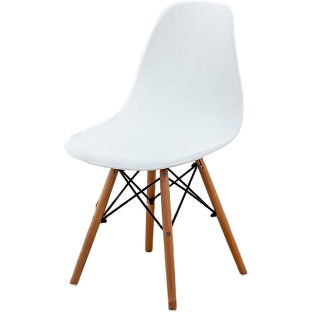 EcoNesxp two-piece white shell dining chair set featuring a sleek, armless design with a smooth white seat and natural wooden legs supported by black metal crossbars. Ideal for kitchens, dining rooms, and hotels, these chairs combine modern and mid-century styles. The durable construction and minimalist aesthetic make them suitable for various occasions, including weddings, banquets, and offices.
