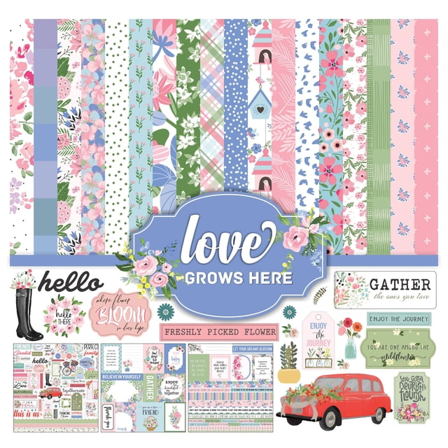Inkdotpot Pastel Floral Collection double-sided scrapbook paper kit featuring 16 pages, including 12 double-sided patterned sheets, 2 single-sided collage sheets, 1 glossy sticker sheet with over 50 stickers, and 1 main cover page. The 12x12-inch pastel purple cardstock features floral and decorative designs, ideal for scrapbooking, card making, DIY projects, and gift wrapping. Acid and lignin-free, 150gsm premium paper ensures durability and flexibility for creative crafting.