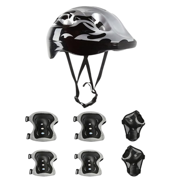 Zanvin 7-piece kids' protective gear set including a black helmet with adjustable chin strap and spin dial, two kneecaps, two elbow guards, and two hand-guards. Designed for cycling, skateboarding, and roller skating, this set is made of durable ABS and breathable sponge for comfort and safety. Ideal for kids' bike helmets and cycling accessories.