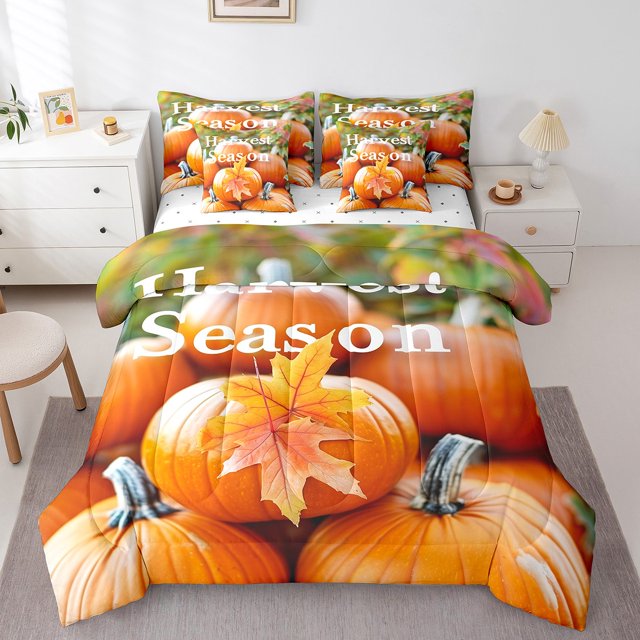 YST Ensembles de Literie Citrouille Orange 7 Pcs Ensemble de Couette Saison des Récoltes Simple, Ensembles de Couette Jour de l'Action de Grâce Literie Automne Ferme Rétro Lit en Sac Accessoires de Literie Thème Citrouille