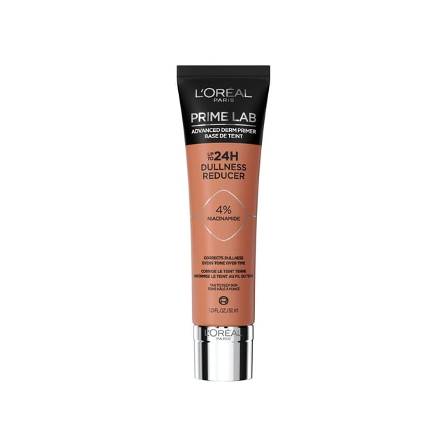 L'Oréal Paris Prime Lab 24H Primer Dullness Reducer in a 30 ml tube with black cap and tan body, formulated with 4% niacinamide to brighten dull skin and even tone for up to 24 hours, suitable for tan to deep skin tones and ideal as a makeup base.