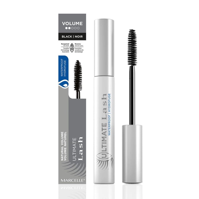 Marcelle Mascara Imperméable Ultime pour Cils Noir avec tube Argenté et Brosse, Conçu pour un volume Naturel et une Tenue Imperméable Longue Durée, Montré avec un Emballage Présentant le Niveau de volume et la Reconnaissance d'Association par des Dermatologues.