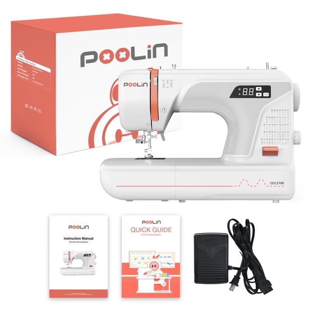 Poolin EOC2100 machine à Coudre Informatisée avec 107 Points et 8 styles de Boutonnière, Idéale pour la Courtepointe, l'Artisanat et les Projets de Couture. Comprend un Enfile-Aiguille Automatique, des Réglages de Points Ajustables, un Éclairage DEL et une construction en Métal durable. Comprend des Accessoires, un Manuel d'Instructions, un guide Rapide et une Pédale, Affichés aux Côtés de l'Emballage de Marque.
