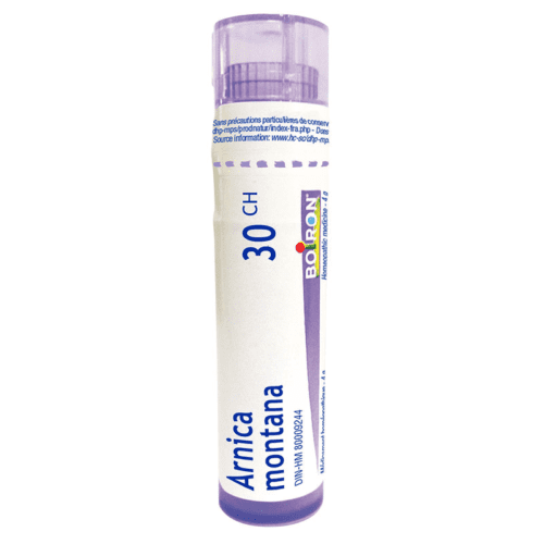 Boiron Arnica montana 30 Boulettes Homéopathiques dans un tube Distributeur Hygiénique de 4 g, Contenant Environ 80 Boulettes Non Aromatisées à Dissolution Rapide. le tube compact Violet et Blanc Présente un Mécanisme de Dosage Précis et Convient aux Adultes, aux Enfants et aux Nourrissons. Idéal pour un Soutien Naturel de la Santé à la Maison Ou en Déplacement.