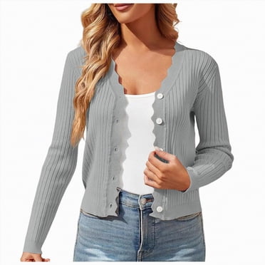 Splozh Sweaters for Women Fall Trendy Cardigan Women Short Jacket with Buttons V Neck Lightweight Cardigan Summer Thin Transition Jacket Grey,M