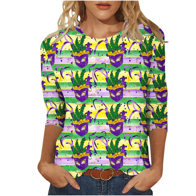 Penkiiy 2024 Chemise Manches 3/4 Mardi Gras Blouse Fantaisie Femme Imprimé Masque de Carnaval Tunique Thème Fête Col Rond Tee m Multicolore