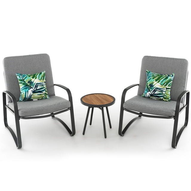 Gymax Set of 3 Bistro Conversation Set DPC Tabletop Metal Cushioned Chairs Patio