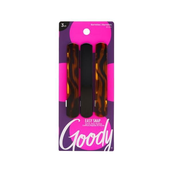 Goody Classics Autoclips 3Ct black and tortoise shell barrettes with easy snap closure on purple and pink packaging, designed for all hair types and quick, hassle-free styling.