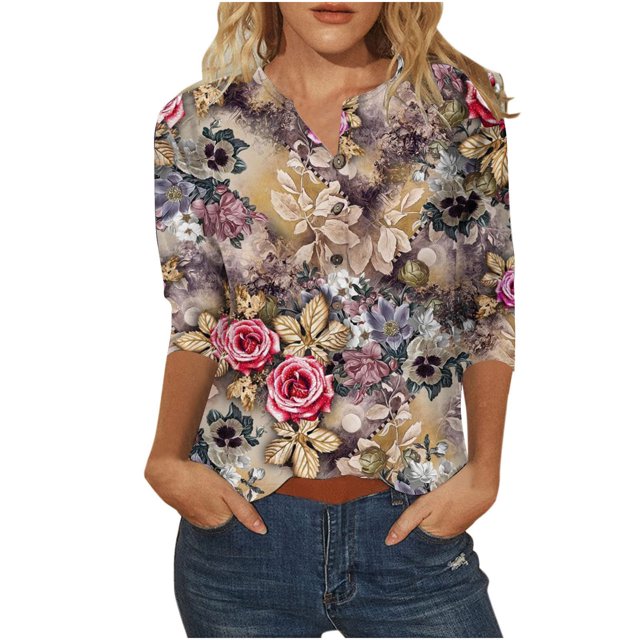 Birdeem Blouse Mode Femme Manches Trois-Quarts Col en V Imprimé de Pâques Ample