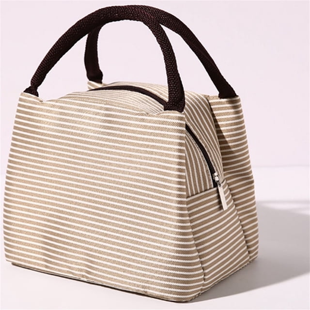 Meitianfacai Unisex Outdoor Fashion Style Large Capacity Lunch Bag with a beige and white striped design, crafted from durable nylon material and featuring a zippered closure. The bag includes thick black handles for easy carrying and measures 9.05x5.90x6.29 inches. Designed for adults, it is ideal for storing snacks, drinks, and lunch containers, with an aluminum thermal insulation lining to keep food fresh. Suitable for use as an insulated lunch tote, picnic bag, or cosmetic bag.