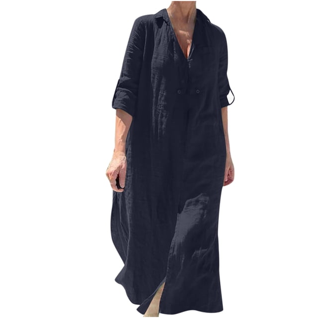 QUYUON Robes d'Invitée de Mariage pour Femme en Liquidation /été Robe en Coton et Lin à Col en V à Manches 3/4 Robes en Dentelle pour Invitée de Mariage Robe Midi Ornée Style D-13361 Bleu Foncé 4TG