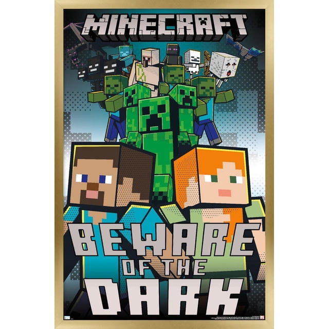 Minecraft - Attention à l'Affiche Murale Sombre avec Cadre Magnétique, 22,375 Po x 34 Po Mettant en Vedette des Personnages Minecraft Pixélisés Steve et Alex devant avec Plusieurs Creepers et Foules Hostiles comme Enderman, Squelette et Ghast derrière, sur un Fond Dégradé Foncé, Imprimée sur Papier Lustré avec un Cadre Magnétique en Bois Clair, Idéale pour la Décoration Murale de Chambre Ou de Salle de Jeux.