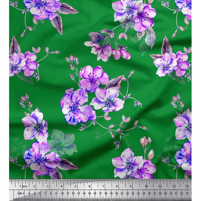 Soimoi Vert Poly Georgette Tissu Feuilles & Fleurs Imprimé Floral par la Cour 52 Pouces de Large