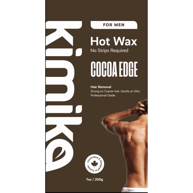 KIMIKA BEAUTY PRO Perles de Cire Cocoa Edge Pl.Jar200g Cire Chaude pour Hommes Emballage avec Fond Brun et Texte Blanc Audacieux Indiquant « Cire Chaude Aucune Bande Requise Cocoa Edge », Mettant en Vedette le Dos Nu d'Un Homme Musclé avec les Mains derrière la Tête, Soulignant une Épilation de Qualité Professionnelle pour des Cheveux Grossiers Douce pour la Peau, 7oz/200g, Assemblée et Conçue au Canada, Convient pour l'Épilation du Visage, du Dos et de la Poitrine