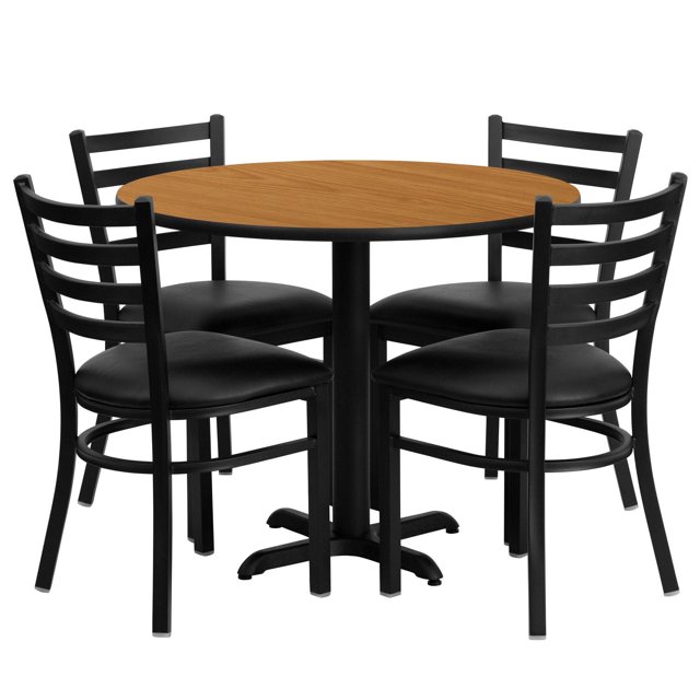 36'' Round Black Laminate Table Set with X-Base and 4 Ladder Back Metal Chairs - Burgundy Vinyl Seat