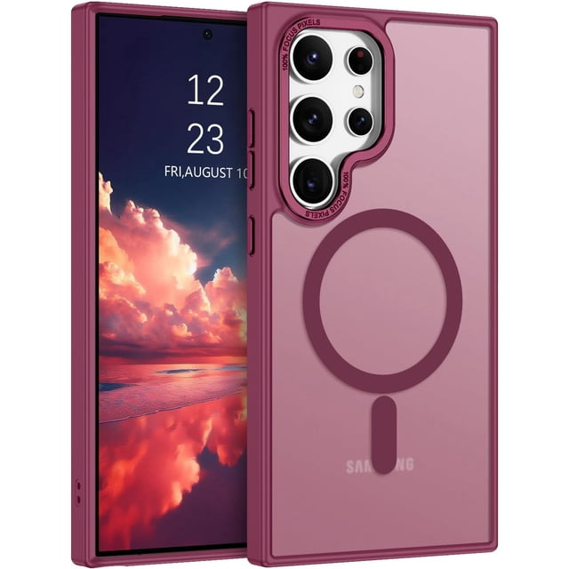 Samsung Galaxy S25 Ultra Case by Phonesmart, featuring a matte rubber hybrid back cover in a semi-transparent finish with a built-in magnetic ring compatible with MagSafe accessories. The case offers military-grade drop protection, precise cutouts for buttons, and an anti-fingerprint surface. Shown in a pinkish hue, the case is designed for durability and elegance.