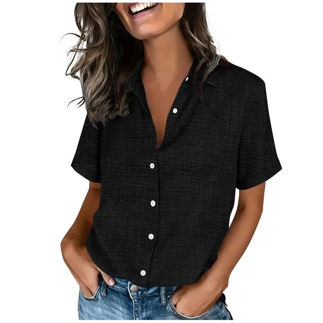 Wensltd Chemises à Boutons à Col Rabattu pour Femmes, Couleur Unie, Manches Courtes, Décontractées, Amples, Douces, Col en V, Chemises de Travail