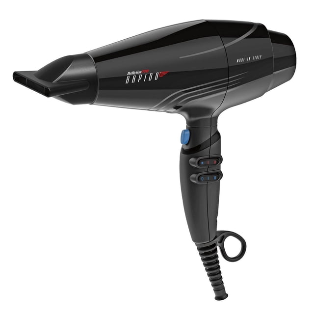 BaBylissPRO® Rapido® Séchoir à Cheveux Professionnel Haute Performance Noir avec Embout Concentrateur, Fini Noir Mat, Poignée Ergonomique avec Bouton de shot Froid, Deux Réglages de Vitesse et Trois Réglages de Chaleur, et Cordon Enroulé avec Boucle d'Accrochage, Fabriqué en Italie, Convient pour un Séchage et un Coiffage Rapides et Silencieux.