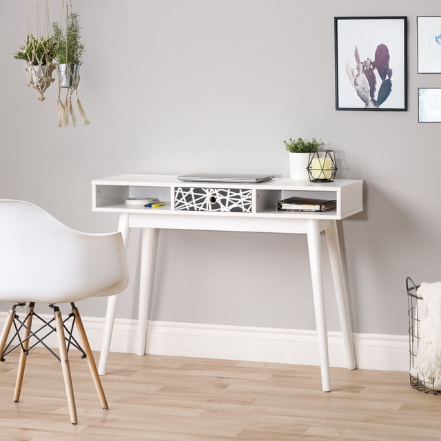 CorLiving Acerra Engineered Wood Adult Entryway Desk with Abstract-Pattern Center Drawer, Cubbies and Wood Legs, White/Black