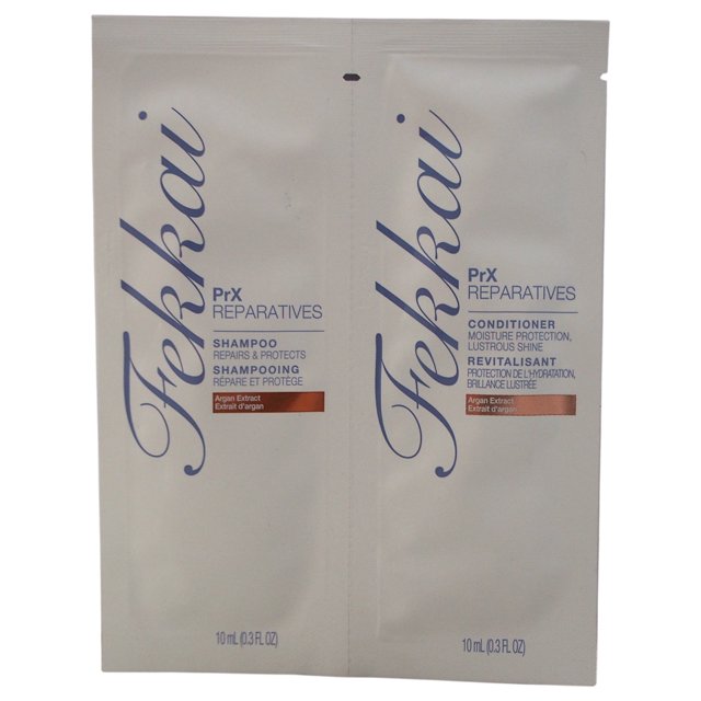 PRX Reparatives Shampoo Conditioner Duo by Frederic Fekkai for Unisex, featuring two 0.3 oz sachets of shampoo and conditioner. Designed for hair care, the packaging highlights argan extract and benefits such as moisture protection, repair, and shine enhancement.