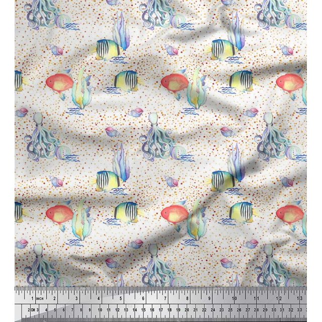 Soimoi Cotton Poplin Fabric Fish & Octopus Ocean Print Sewing Fabric Yard 56 Inch Wide