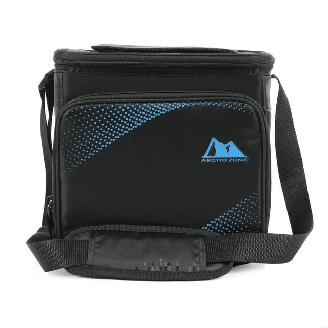 Arctic Zone Jumbo Hardbody Lunch Box in navy with a rectangular shape, front zippered pocket featuring blue dotted accents and Arctic Zone logo, adjustable padded shoulder strap, and top easy-access lid with high-density thermal insulation and leak-proof HardBody® liner to keep food cold.