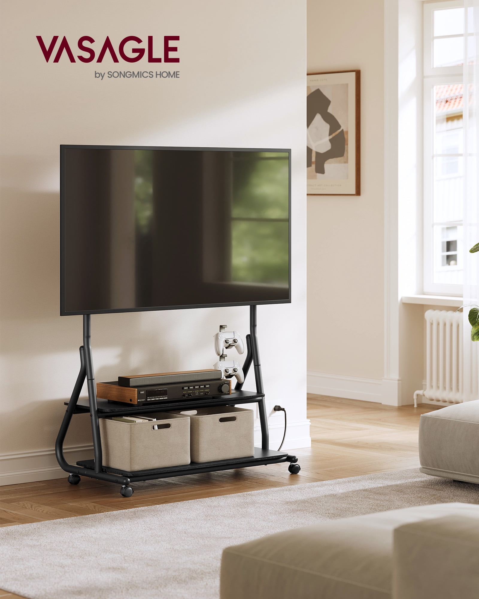 VASAGLE TV Stand with Wheels, for LCD LED OLED Flat Curved TVs up to 75 Inches and 88 lb, Rolling TV Cart, with Power Outlets, Storage Shelf, Height Adjustable
