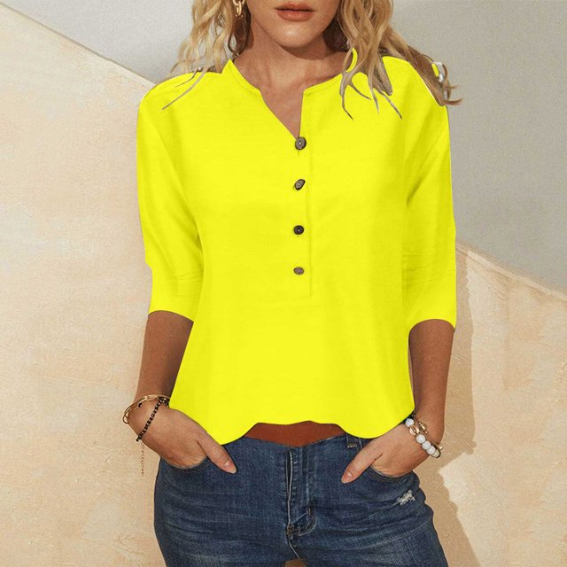 FcBaudy Hauts pour Femmes, Chemises pour Femmes, Chemisiers et Chemises à Manches Courtes à Col Rond Mode Féminine Décontractée T-Shirt à Boutons à Manches 3/4 Blouse à Imprimé à Col pour Femmes Blouse pour Femmes