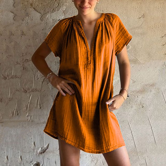 Liquidation d'Été 2025! Robe pour Femme Grande Taille, Liquidation de Robes d'Été pour Femmes, Robe Décontractée Unie pour Femme à Manches Courtes, Col en V, Coupe Régulière, Plissée, Multicolore, Coupe Droite
