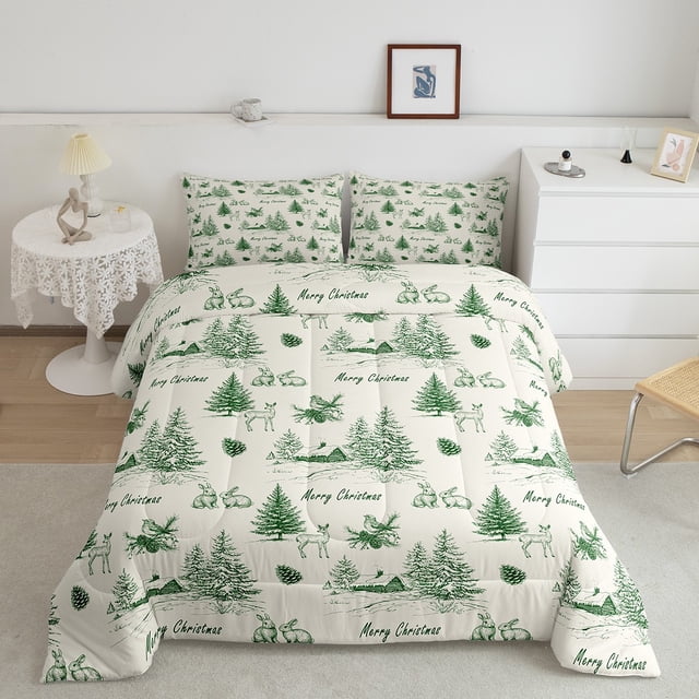 YST Christmas Village Comforter Set Full Size, Xmas Green Beige Bedding Set for Kids Teens, Christmas Tree Reindeer Rabbit Pattern Bedding Comforter Sets, Winter Holiday Duvet Insert