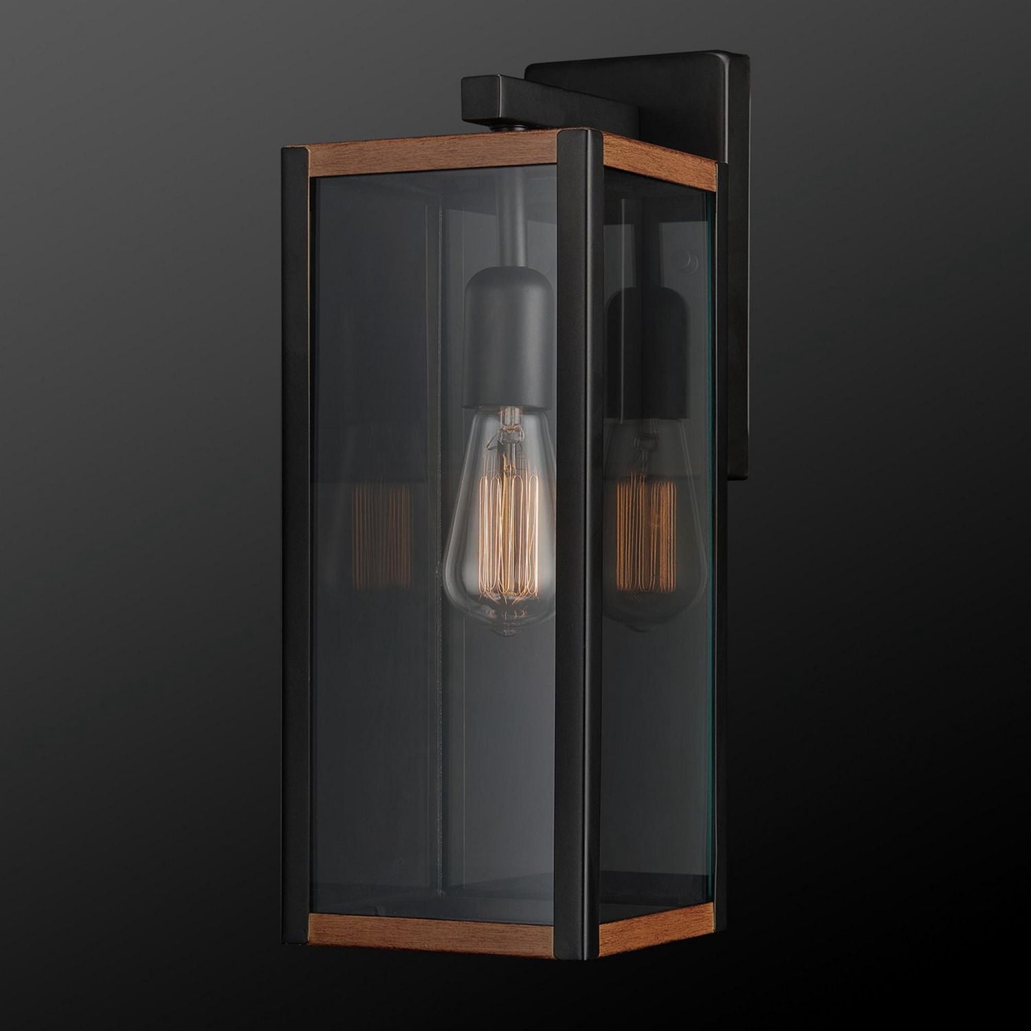 1-Light Matte Black Outdoor Indoor Wall Sconce with Faux Wood Accents and Clear Glass Shade