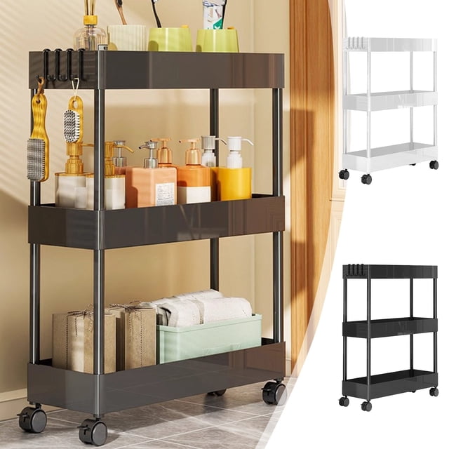 Bowayaoa 3-Tier Rolling Bathroom Storage Cart with Adjustable Shelves, Slim Gap Organizer for Kitchen & Bath, Plastic Utility Rack with Wheels and Brake, Space-Saving Mobile Shelving Unit