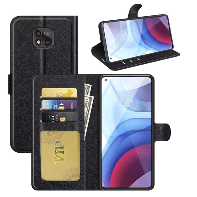 Motorola Moto G Power 2021 Case, Leather Magnetic Card Slot Wallet Folio Flip Case Cover in black. The case features multiple credit card slots, a pocket for bills, and a magnetic clasp for secure closure. It is designed with a foldable stand for media viewing and is made from premium synthetic leather with a TPU inner case for shock absorption. Shown with cards and cash stored inside and the phone displayed in the stand position.