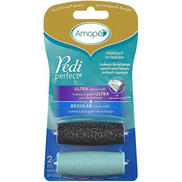 Amopé Pedi Perfect Têtes de Rouleau en Paquet Mixte avec Deux Têtes de Rechange : Rouleau ultra Grossier en Noir avec Cristaux en Diamant et Rouleau Grossier Régulier en Bleu Pâle avec accents Pailletés. Idéal pour l'Élimination de la Peau Dure, Outils de Pédicure et Soins des Pieds. Compatible avec Toutes les Doses Électroniques pour Pieds Amopé Pedi Perfect.