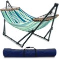 thumbnail image 1 of Tranquillo Hamac Universel avec Supports en Acier Enduit Électrostatique, Support de Hamac Réglable et Pliable avec Filet en Polyester à 2 Couches et Sac de Transport pour 2 Personnes. Toile - Feuille Bleue, 1 of 5