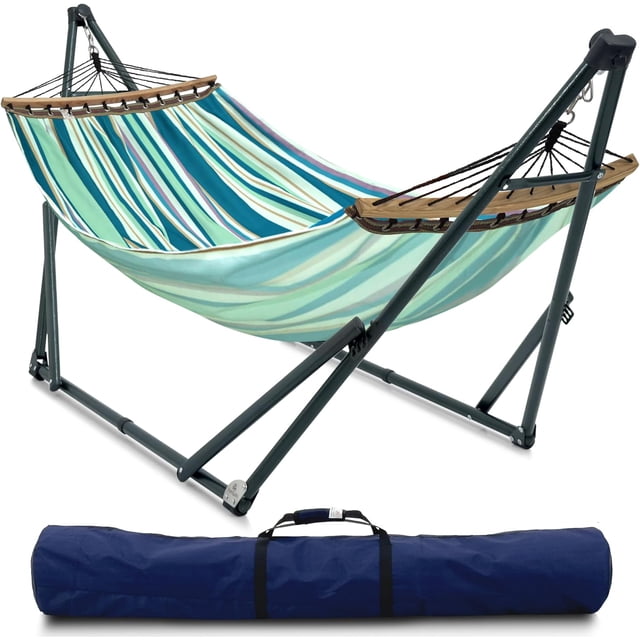 Tranquillo Hamac Universel avec Supports en Acier Enduit Électrostatique, Support de Hamac Réglable et Pliable avec Filet en Polyester à 2 Couches et Sac de Transport pour 2 Personnes. Toile - Feuille Bleue