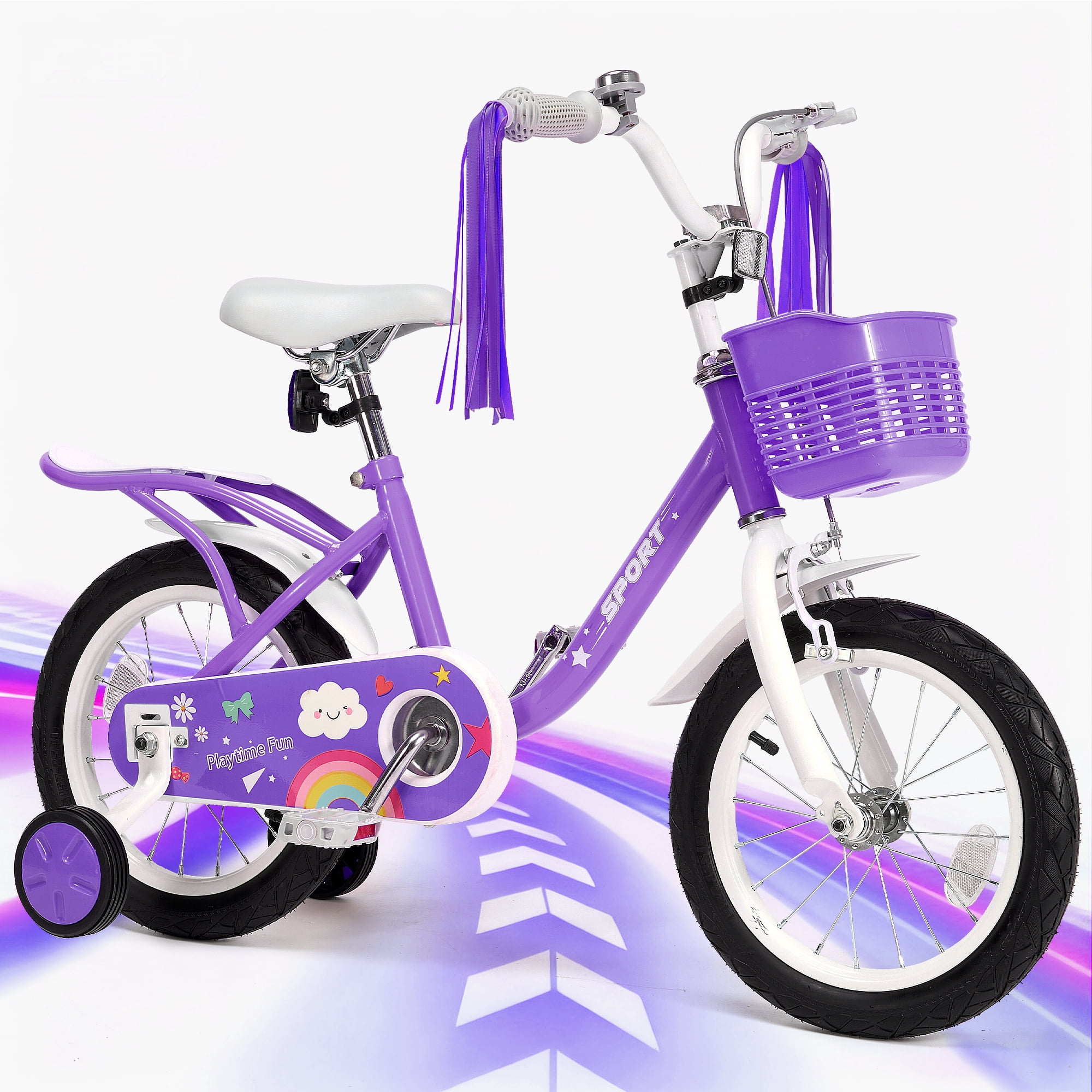 Naipo 12inch Kids Bike Girls Bike for 2-5 Years Old Girls Boys, Princess Bicycle, Toddler Bike Height 27"-38" With Training Wheels Dual Hand Brakes Streamer Basket Included, Purple
