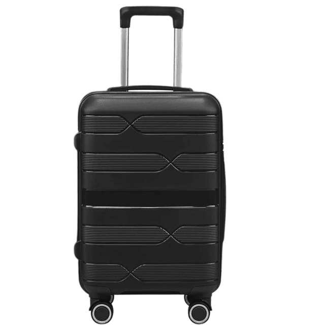 TRAVLR 100% PP Break Resistant Lightweight Expandable 24" Checkin Luggage Trolley in black, designed for eco-conscious travelers. Features a durable polypropylene shell with scratch-resistant texture, TSA-approved combination lock, expandable packing space, and whisper-quiet 360° spinner wheels. Ideal as checked luggage for seamless travel.