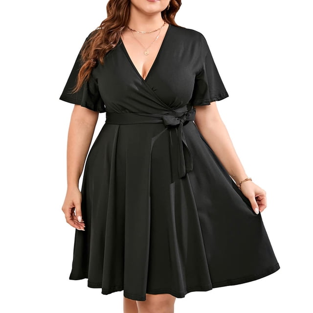 FcBaudy Robe à Manches Courtes Col en V, Robes d'Été pour Femmes, Robes Décontractées Grande Taille Col en V Robe Bohème à Manches Courtes Ceinture Robe pour Femmes