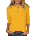 thumbnail image 1 of Yuyuzo Womens 3/4 Sleeve Tops Basic Button Crew Neck Solid Color Loose Fitted Tunics Tee Blouses, 1 of 5